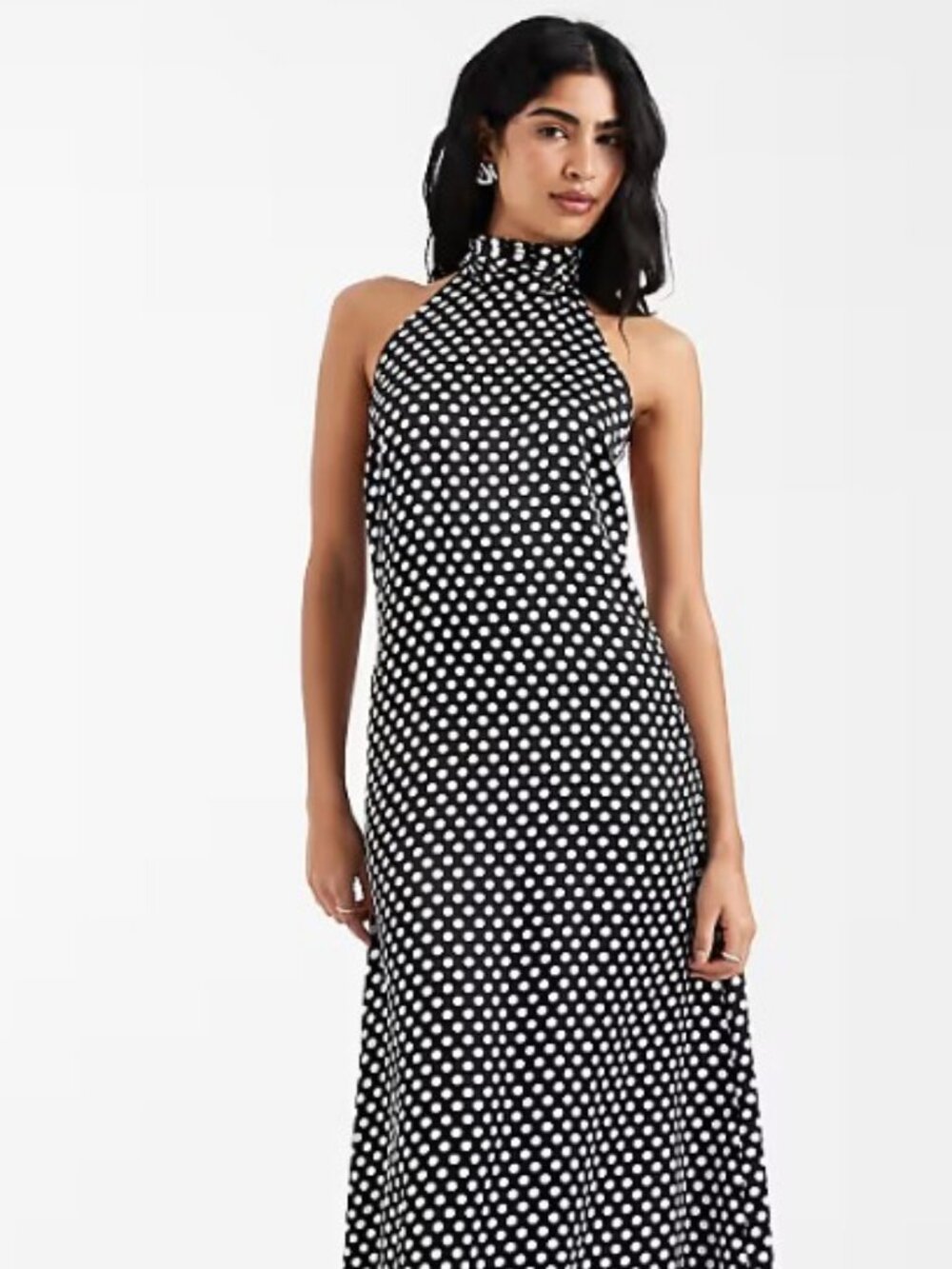 ASOS DESIGN satin halter low back maxi dress in polka dot